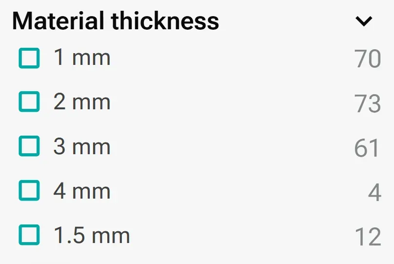 Filter your desired material thickness for your standard thermoformed insert