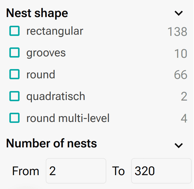 Filter your required nest shape for your standard thermoformed insert