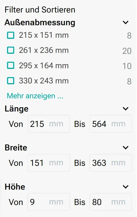 Filtern der Außenabmessungen der Standard-Tiefzieheinlagen im formary Online-Shop