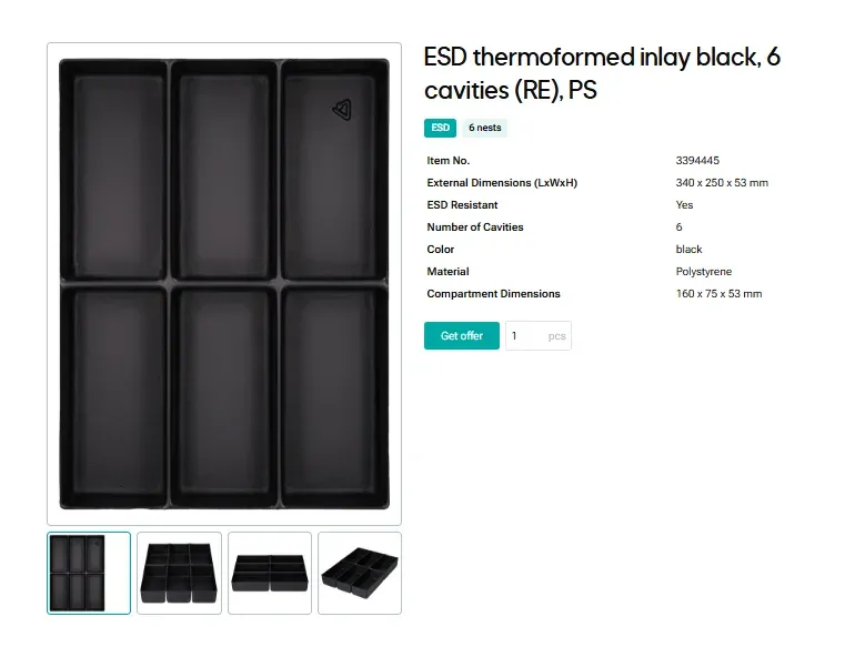 Product detail view in the formary online shop for standard thermoformed inserts