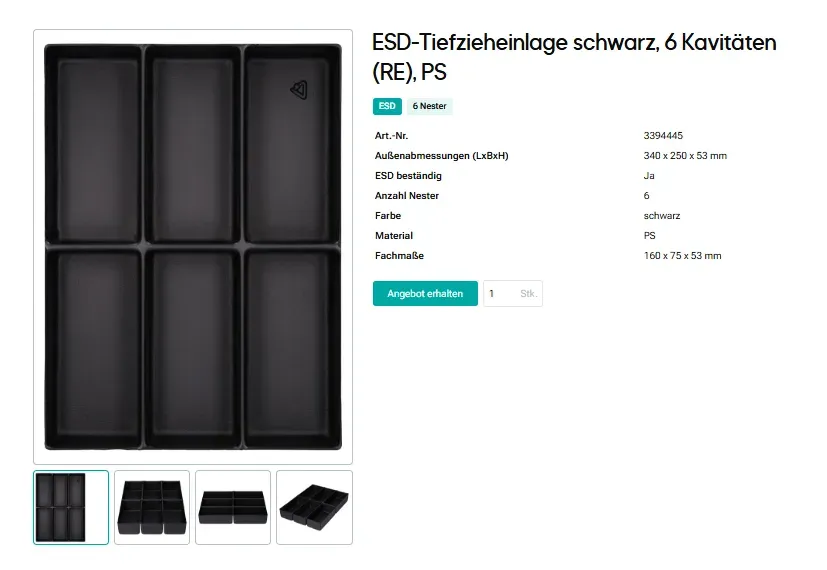 Produktdetailseite der Standard-Tiefzieheinlage im formary Online-Shop
