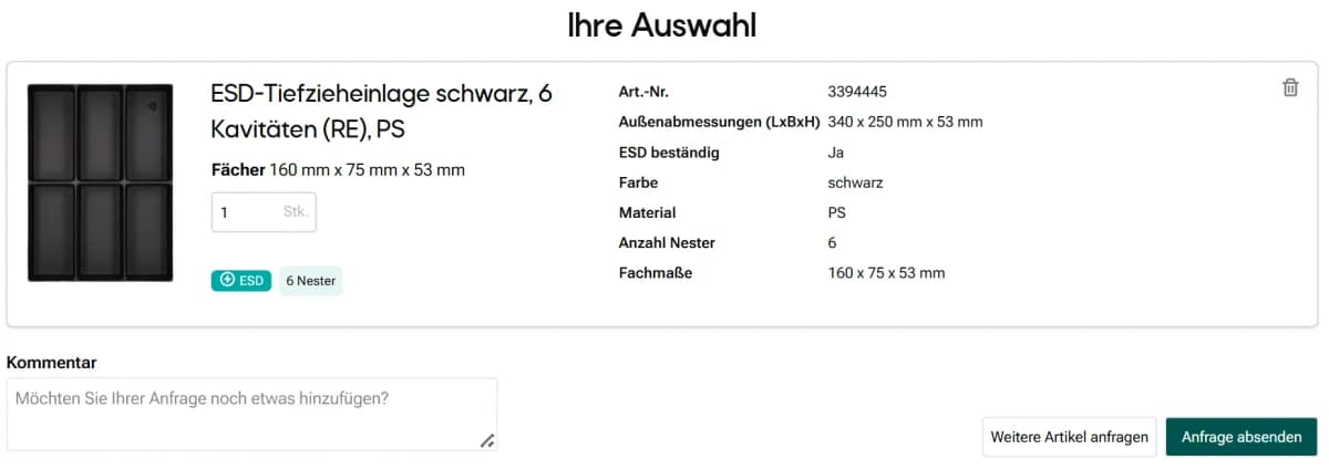 Warenkorb-Ansicht im formary Online-Shop für Standard-Tiefzieheinlagen